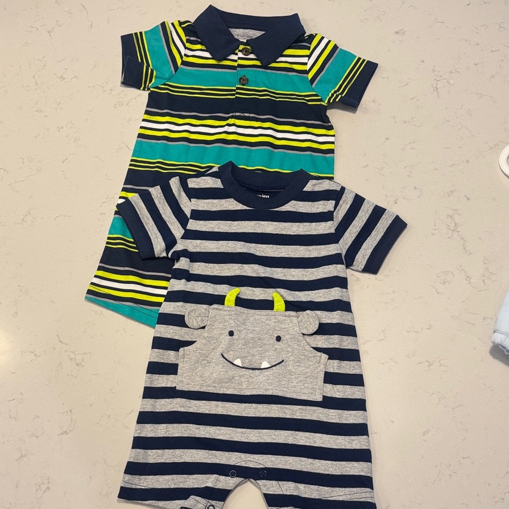 Striped Navy & Teal Kids Matching Set - Cute Monster Romper